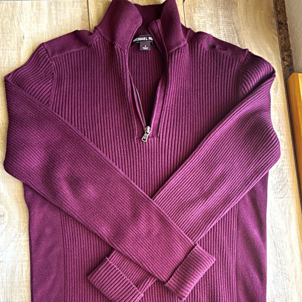Michael Kors Women's Purple Rib-Knit Mock Neck 1/4 Zip Cotton Sweater S